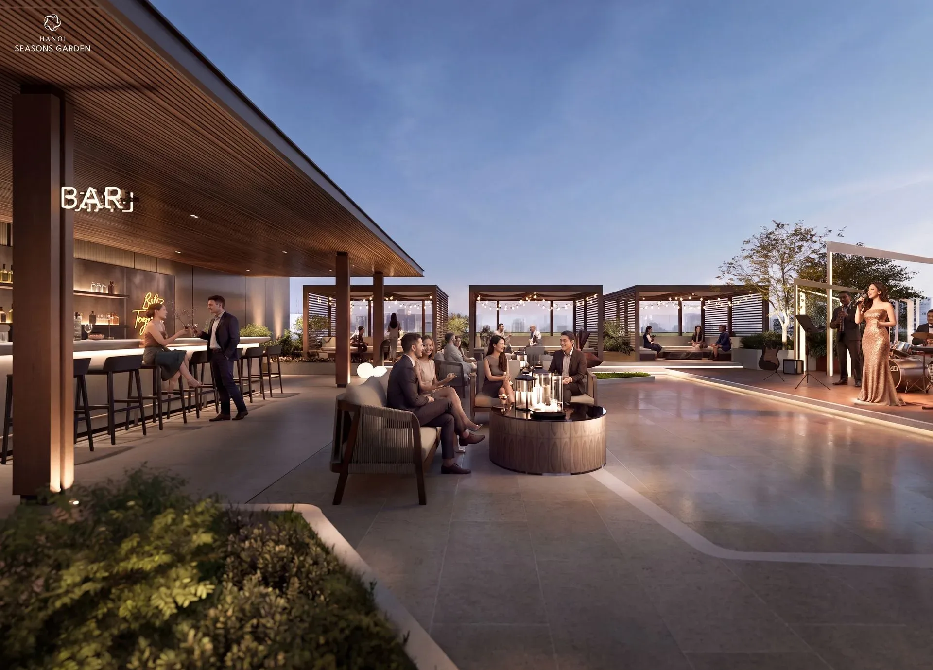 Tiện ích Sky bar ngắm toàn cảnh dự án Lumiere Hanoi Seasons Garden Nguyễn Trãi